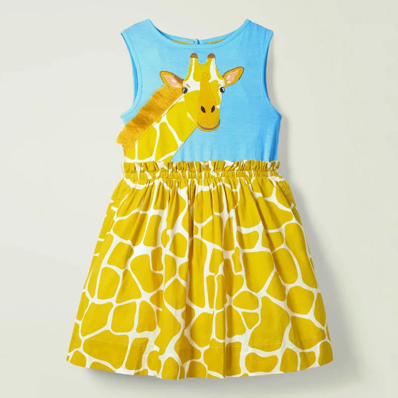 Little maven 2024 Cartoon Giraffe Summer Dress Cotton Soft Casual Clothes Baby Girls Lovely Wear for Toddler Kids 2 to 7 years