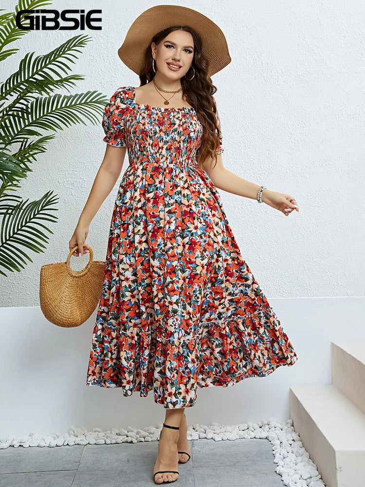 GIBSIE Floral Print Square Neck Puff Sleeve Dress Women Plus Size Vacation Boho Beach Ruffle Hem A-line Summer Long Dresses 2024