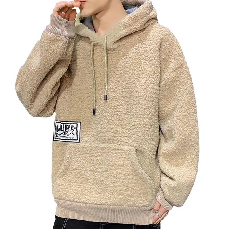 Trend Men Autumn Winter Lamb Wool Hoodie Pasting Cloth Sweatshirt Keep Warm Long Sleeve Fashion Male Pullover New Arrival Coat