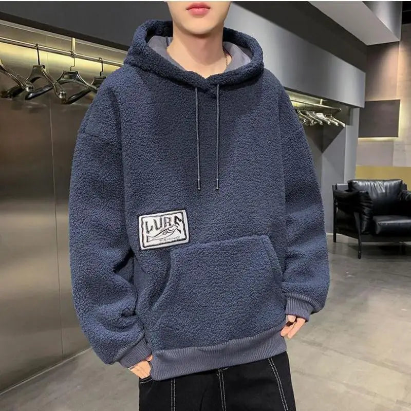 Trend Men Autumn Winter Lamb Wool Hoodie Pasting Cloth Sweatshirt Keep Warm Long Sleeve Fashion Male Pullover New Arrival Coat