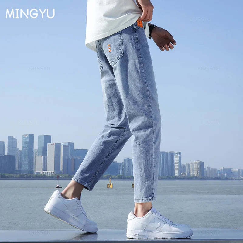 2024 New Men's Stretch Ankle Length Jeans Light blue Fashion Casual Cotton Slim Fit Denim Pants Korean Trousers Male Brand Cloth