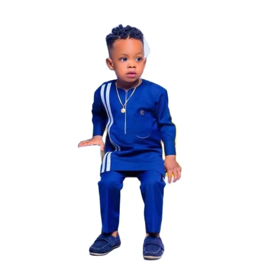 Kaftan Boys Sets Solid Round Neck Long-sleeved Tops And Pants Suit Outfits African Ethnic Style Casual 2-piece Suit Kids Wear