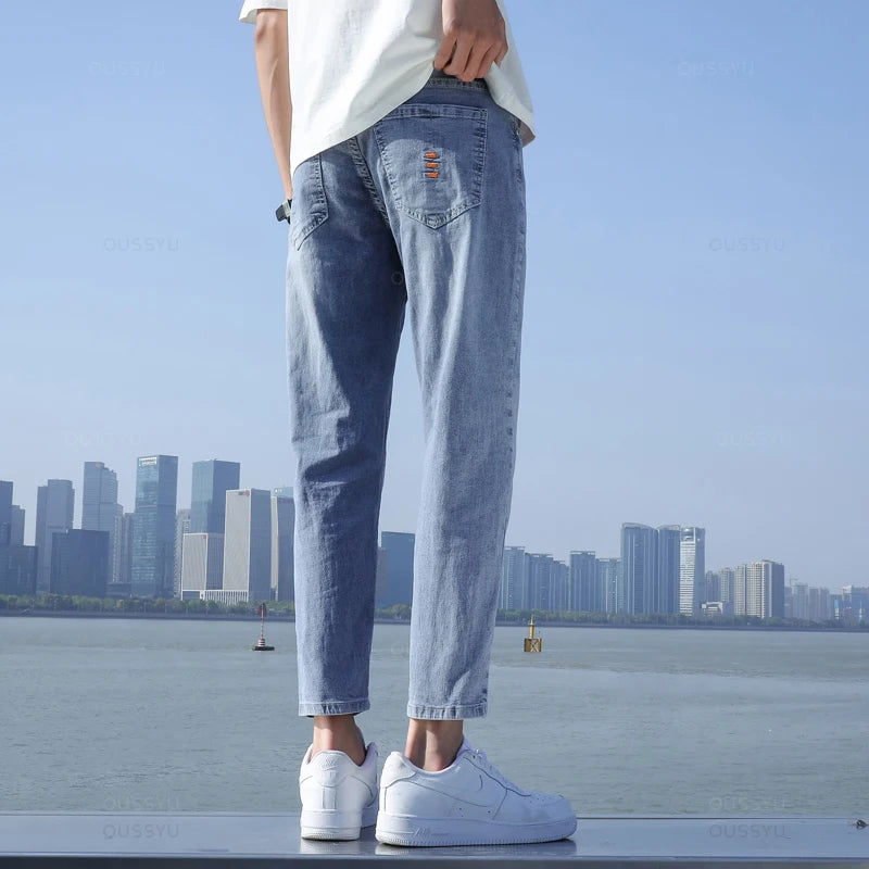 2024 New Men's Stretch Ankle Length Jeans Light blue Fashion Casual Cotton Slim Fit Denim Pants Korean Trousers Male Brand Cloth